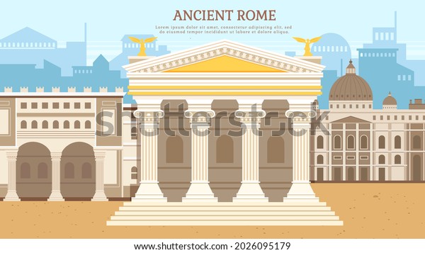 Ancient roman pantheon temple column building rome\
tiles, strategic development antique culture. Italian landmark\
Pantheon, old temple in city square. Traditional historical\
landscape ancient\
times