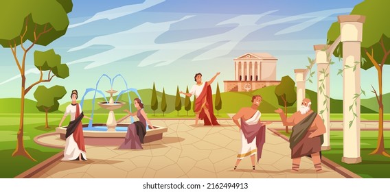 古代ローマ人。民間人の人口の娯楽、チュニックのギリシャの男性と女性の文字、ヒノキの木、コロシアムと円形劇場の列、寺院、ベクター漫画のフラットコンセプト