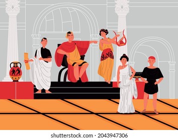 Ancient roman people with emperor on throne senator woman playing harp in palace flat vector illustration