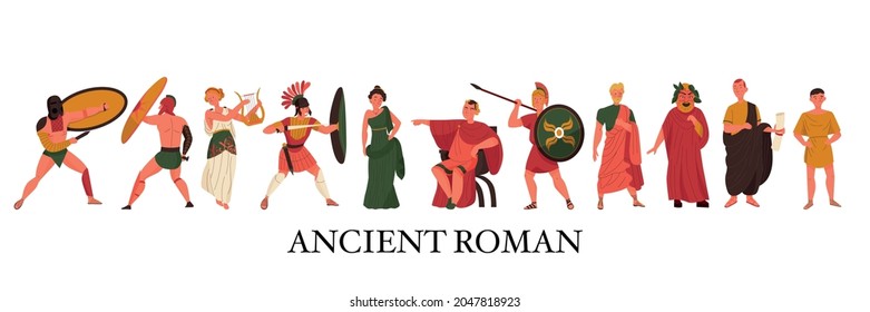 Ancient Roman People With Flat Characters Of Gladiators Women Emperor Nobles Senator Slave Army Isolated Vector Illustration