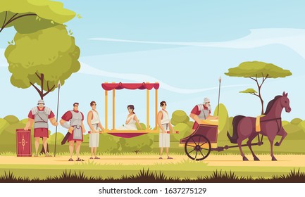 Ancient roman people gladiators and woman sitting on palanquin cartoon vector illustration