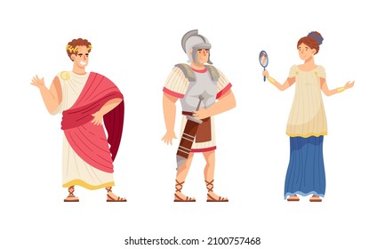 Ancient roman people set. Empire, soldier and woman in traditional clothes. Rome citizens cartoon vector illustration