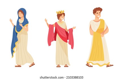 Ancient roman people set. Man and woman Roman citizens in traditional clothes cartoon vector illustration