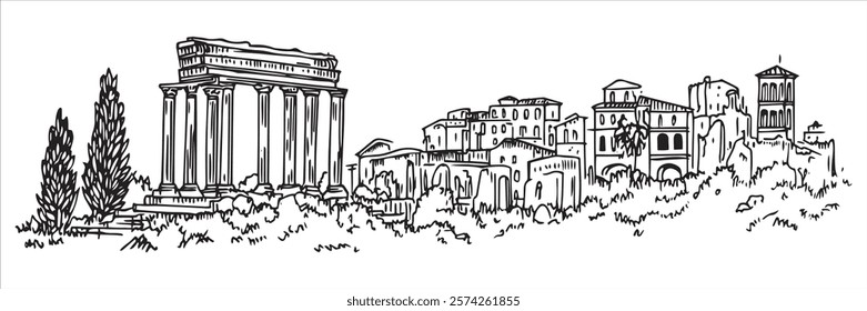 ancient roman ruins with columns and historic buildings illustration