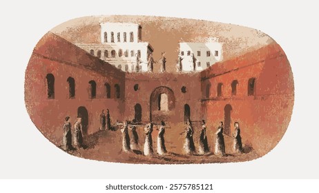 Ancient Roman scene with people in togas. Roman architecture, arches, and buildings. Historical Roman setting with figures in traditional attire. Vintage art drawing, isolated vector element.