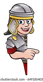 An ancient Roman soldier cartoon character peeking around a sign and pointing at it