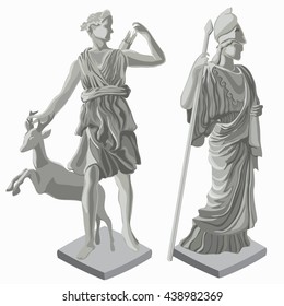 Ancient Roman statue of the goddess huntress Diana and goddess of wisdom Athena isolated on white background. Vector illustration.