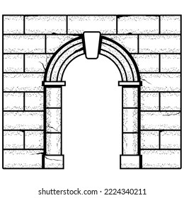 Ancient roman stone arch and brick wall, medieval entrance with antique stone archway, castle fairy-tale pass, vector