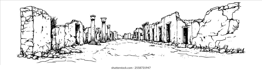 ancient Roman street in Pompeii with ruins city panorama hand drawing doodle hatching vector sketch