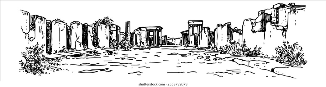 ancient Roman street in Pompeii with ruins city panorama hand drawing doodle hatching vector sketch