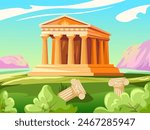 Ancient roman temple. Greek parthenon or antique old building with column gate rome empire architecture, history greece museum athens acropolis, cartoon recent vector illustration