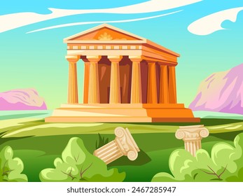 Antiguo templo romano. Partenón griego o edificio antiguo antiguo con puerta de columna roma imperio arquitectura, historia grecia museo atenas acrópolis, dibujos animados Ilustración vectorial reciente