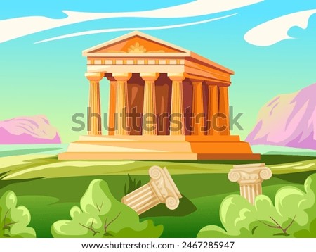 Ancient roman temple. Greek parthenon or antique old building with column gate rome empire architecture, history greece museum athens acropolis, cartoon recent vector illustration