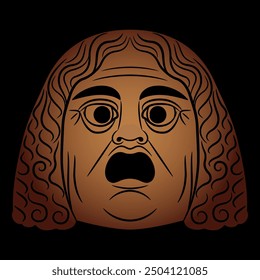 Ancient Roman tragic theater mask. Antique human head. Monochrome brown silhouette on black background.