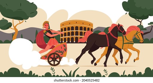 Ancient roman warrior in chariot pulled by two horses on background with colosseum flat vector illustration