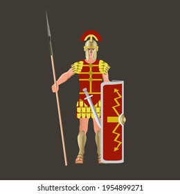Antiguo guerrero romano con casco, escudo, lanza y espada. Ilustración vectorial aislada en el fondo oscuro.