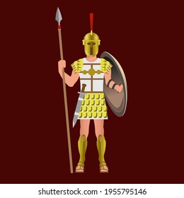 Antiguo guerrero romano con casco, escudo, lanza y espada. Ilustración vectorial aislada en el fondo oscuro.