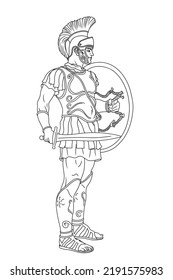 An ancient Roman warrior legionnaire stands with a shield and a sword in his hands. Figure isolated on white background.