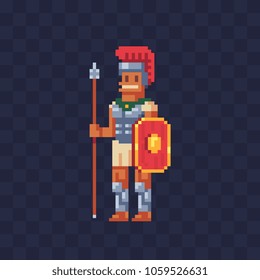 Ancient Roman warrior pixel art character Greek Spartan or Trojan gladiator in armor wearing a helmet and holding sword and round shield  isolated vector illustration. Design for stickers, logo. 8-bit