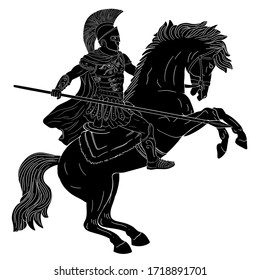 Ancient Roman warrior with a spear in his hands is riding a horse ready to attack. Vector illustration isolated on white background.