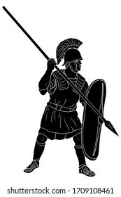 Ancient Roman warrior with a spear and shield in his hands is standing ready to attack. Vector illustration isolated on white background.