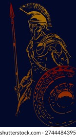 An ancient Roman warrior with a spear and shield. Vector illustration in red and orange tones, reminiscent of grunge, on a dark blue background. For use in an ancient, classical style.