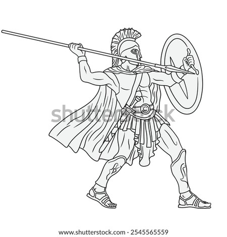 Ancient Roman warrior with a spear and shield in his hands is standing ready to attack. Vector illustration isolated on white background.