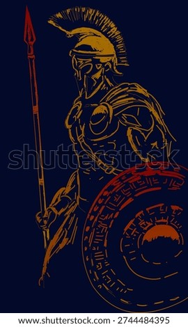 An ancient Roman warrior with a spear and shield. Vector illustration in red and orange tones, reminiscent of grunge, on a dark blue background. For use in an ancient, classical style.