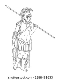 Antiguo guerrero romano con lanzas y papiro en las manos. Figura aislada en el fondo blanco.