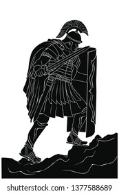 Ancient Roman warrior with a sword and shield in his hands is ready to attack. Vector illustration isolated on white background.