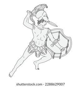 An ancient Roman warrior with a sword and shield in his hands, ready to attack the enemy. Man isolated on white background. Vector line drawing.