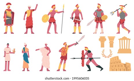 Ancient roman warriors. Vintage characters, emperor, centurions, soldiers and plebs cartoon vector illustration set