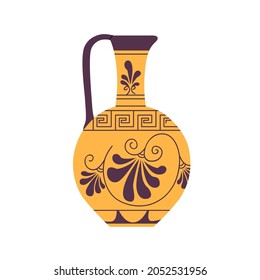 Ancient Roman Wine Jug With Handle. Antique Pottery Of Old Rome. Vintage Crockery With Ornament. Jar With Narrow Neck. Flat Vector Illustration Isolated On White Background