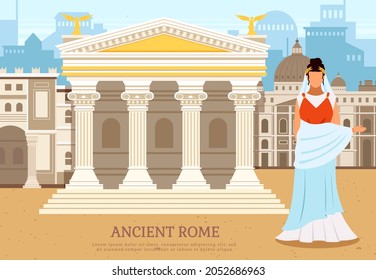 Ancient roman woman near pantheon temple building with columns, antique culture vector poster. Italian landmark Pantheon, old temple in city square. Traditional historical landscape ancient times