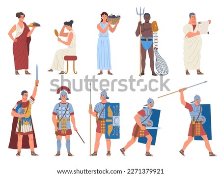Ancient Romans set. Men and women in tunics or gladiatorial armor with weapons. Greeks philosophers, farmers or soldiers. Historic Medieval Persons. Cartoon flat vector collection isolated on white
