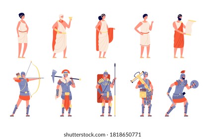 Ancient Rome. Ancients People, Isolated Roman Empire Character. History Greek Medieval Person, Cartoon Historical Warrior Emperor Vector Set