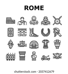 Ancient Rome Antique History Icons Set Vector. Ancient Rome Amphora Vase And Sword, Warrior Legionary Helmet And Costume, Aqueduct And Coliseum Arena Construction Black Contour Illustrations