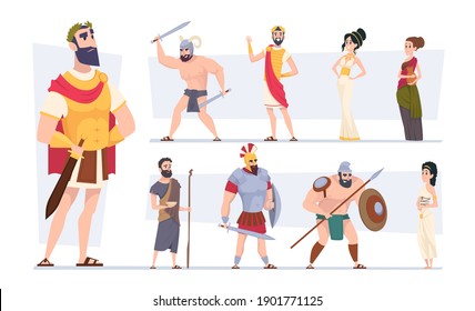 Ancient Rome. Authentic Clothes Of Rome Traditional Citizens Medieval Outfit Coliseum Warriors Exact Vector Cartoon Characters