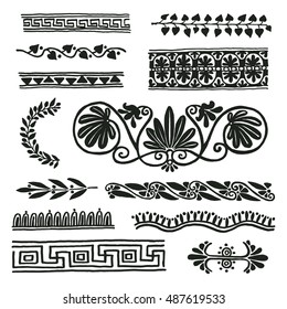 Ancient Rome border ornaments, decor elements. Freehand drawing. 