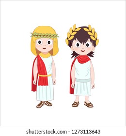 Ancient rome cartoon characters of boy and girl wearing traditional costumes. Vector illustration.