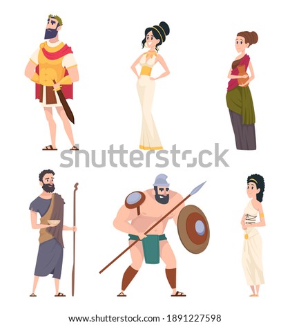 Ancient rome characters. Coliseum gladiator warriors with weapon citizens men traditional cultural persons exact vector people