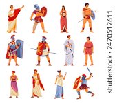 Ancient rome characters. Historic roman greek people greece civilization, gladiator auxiliary soldier caesar emperor hierarchy aristocrat in toga, recent vector illustration of ancient character greek