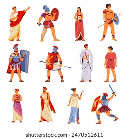 Ancient rome characters. Historic roman greek people greece civilization, gladiator auxiliary soldier caesar emperor hierarchy aristocrat in toga, recent vector illustration of ancient character greek