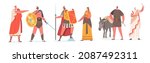 Ancient Rome Citizen Male and Female Character in Tunic and Sandals Historical Costumes, Gladiator, Orator, Governor and Plebeian. Roman People in Traditional Clothes. Cartoon Vector Illustration