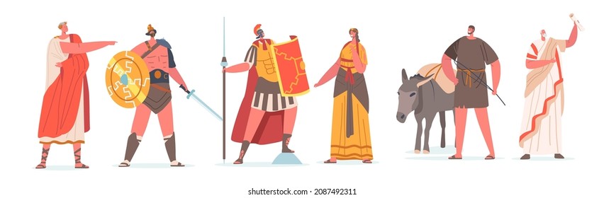 Alte römische Bürger männliche und weibliche Charakter in Tunic und Sandals Historische Kostüme, Gladiator, Orator, Gouverneur und Plebeian. Römische Leute in traditionellen Kleider. Cartoon-Vektorgrafik