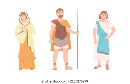 Ancient Rome citizens in traditional clothing set cartoon vector illustration