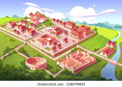 Ancient Rome city, isometric cartoon cityscape with buildings of Capitol, basilica with square, Castrum, Medicorum, Harbor, Roman Amphitheater, forum, taberna and insula. Vector architecture landmarks