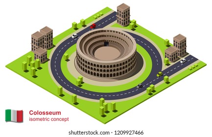 Ancient Rome Colosseum In Nowadays Isometric Vector Illustration.