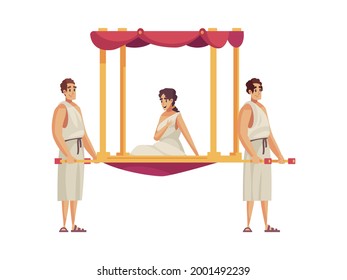 Ancient rome composition with two people carrying woman in palanquin cartoon vector illustration