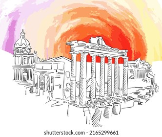 Ancient Rome Drawing. Real drawing by hand. Colorful vector sign.